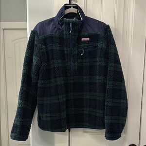 Vineyard Vines Green and Navy Plaid Fleece Pullover